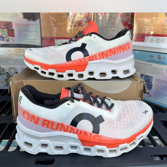 On Running White and Orange Athletic Shoes - Picture 1 of 7